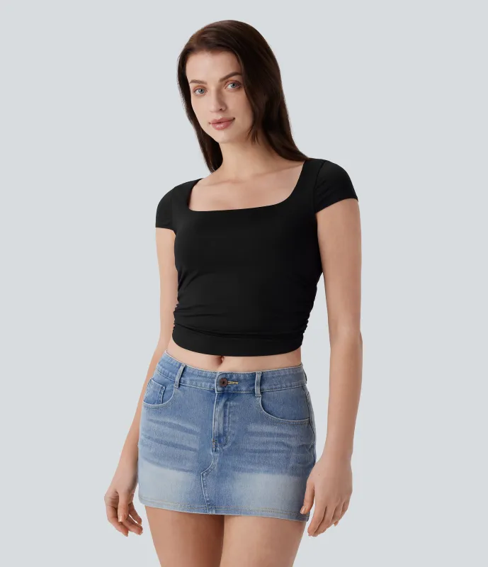 Halara Camiseta bebé ajustada corta frunce manga corta cuello cuadrado - Black - S made by Halara