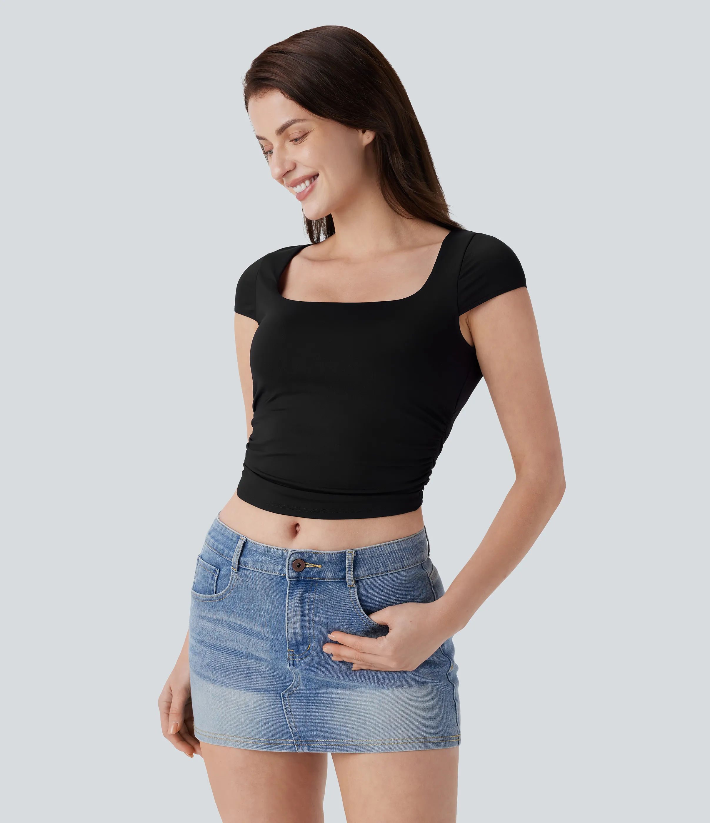 Halara Camiseta bebé ajustada corta frunce manga corta cuello cuadrado - Black - S sold by Halara product image thumbnail 4