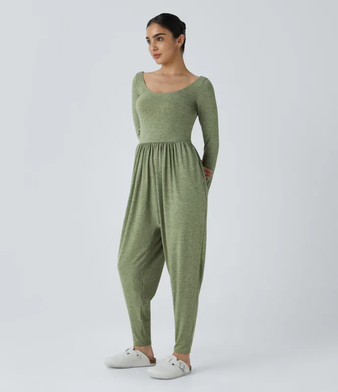 Halara Mono harén cuello redondo sin espalda bolsillo lateral plisado - Light Green Floral Yarn - L(regular) sold by Halara