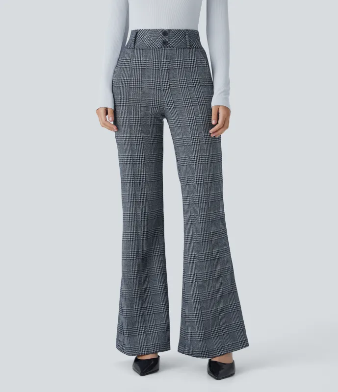 Halara Pantalón Halara Flex™ acampanado oficina pata gallo bolsillo lateral botón decorativo tiro alto - Navy Blue Houndstooth Plaid - L(regular) sold by Halara