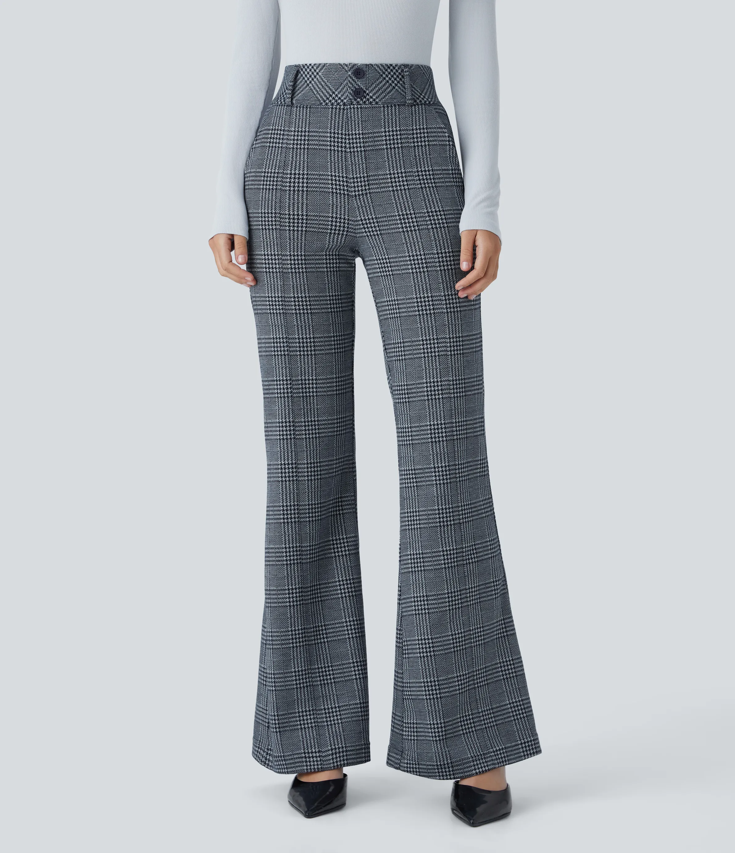 Halara Pantalón Halara Flex™ acampanado oficina pata gallo bolsillo lateral botón decorativo tiro alto - Navy Blue Houndstooth Plaid - L(regular) sold by Halara