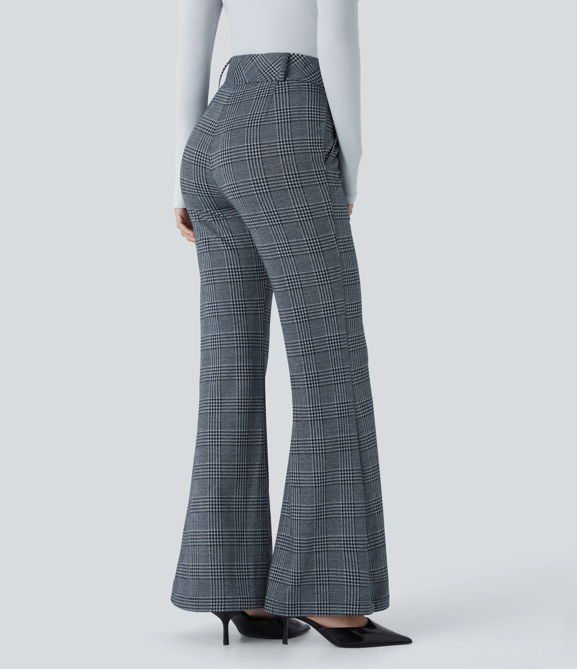 Halara Pantalón Halara Flex™ acampanado oficina pata gallo bolsillo lateral botón decorativo tiro alto - Navy Blue Houndstooth Plaid - L(regular) sold by Halara product image thumbnail 3