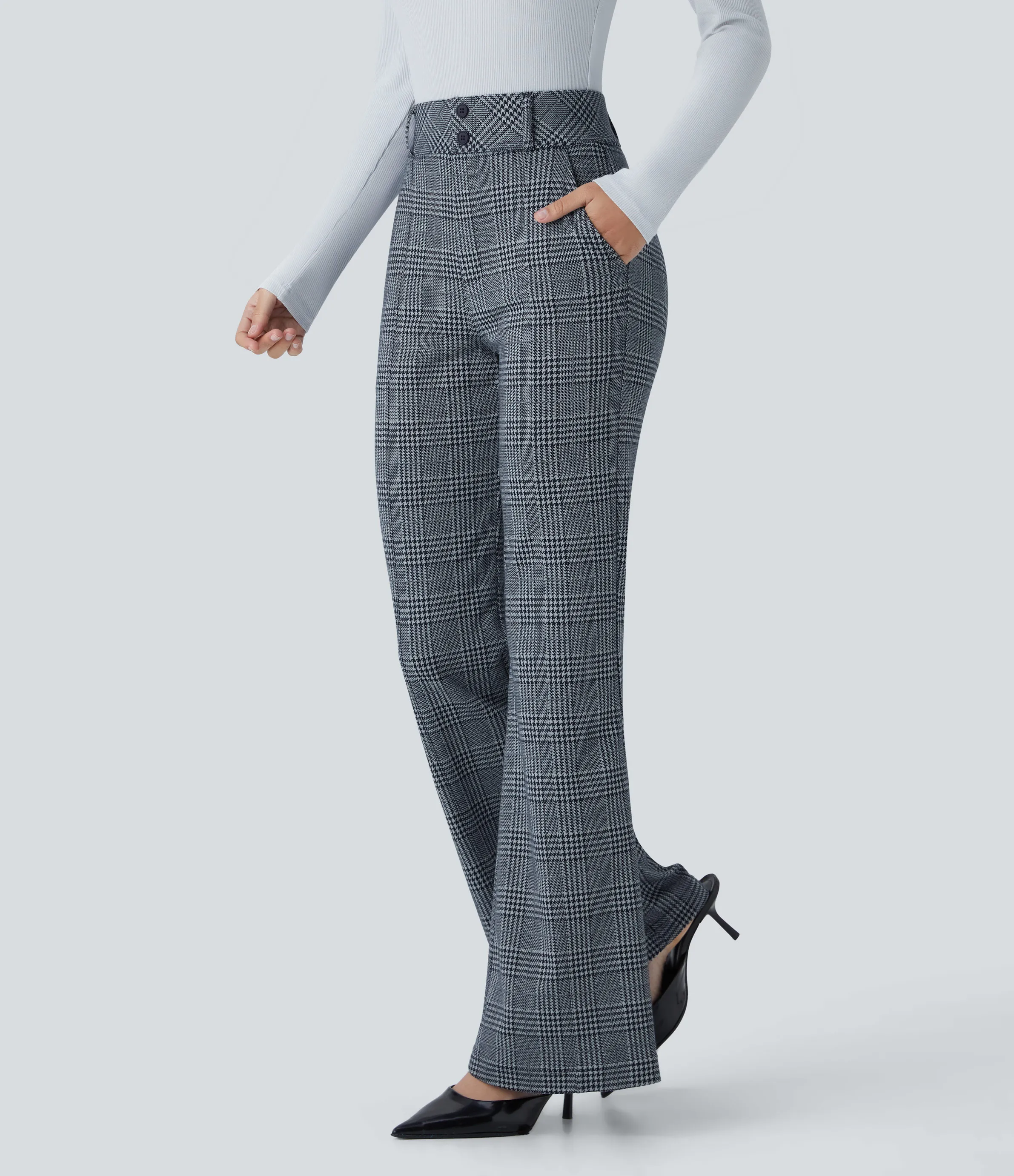Halara Pantalón Halara Flex™ acampanado oficina pata gallo bolsillo lateral botón decorativo tiro alto - Navy Blue Houndstooth Plaid - L(regular) sold by Halara product image thumbnail 4