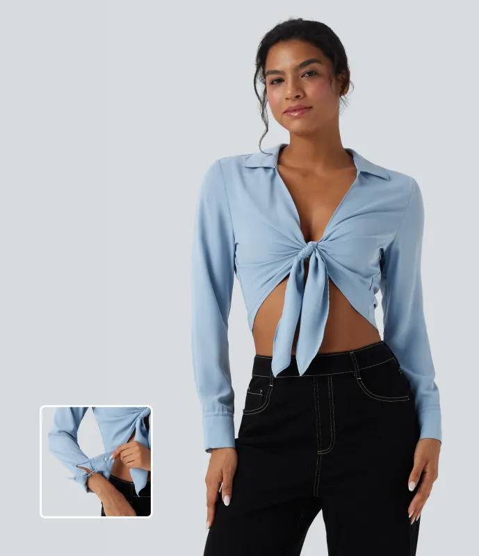 Halara Blusa casual corta de manga larga con lazo delantero - Skyride - XL sold by Halara