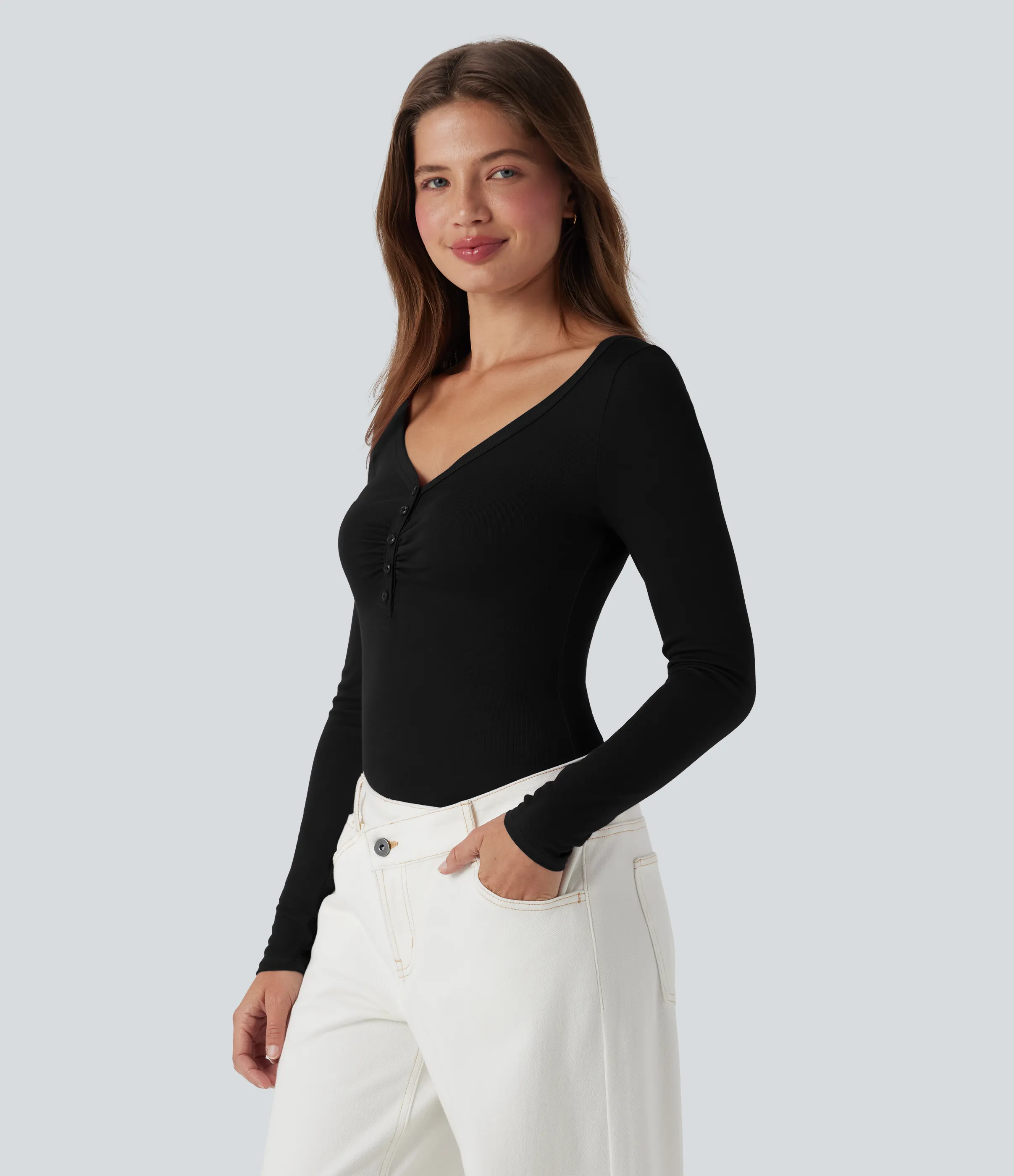 Halara Top casual de manga larga con cuello henley acanalado - Black - S sold by Halara product image thumbnail 2