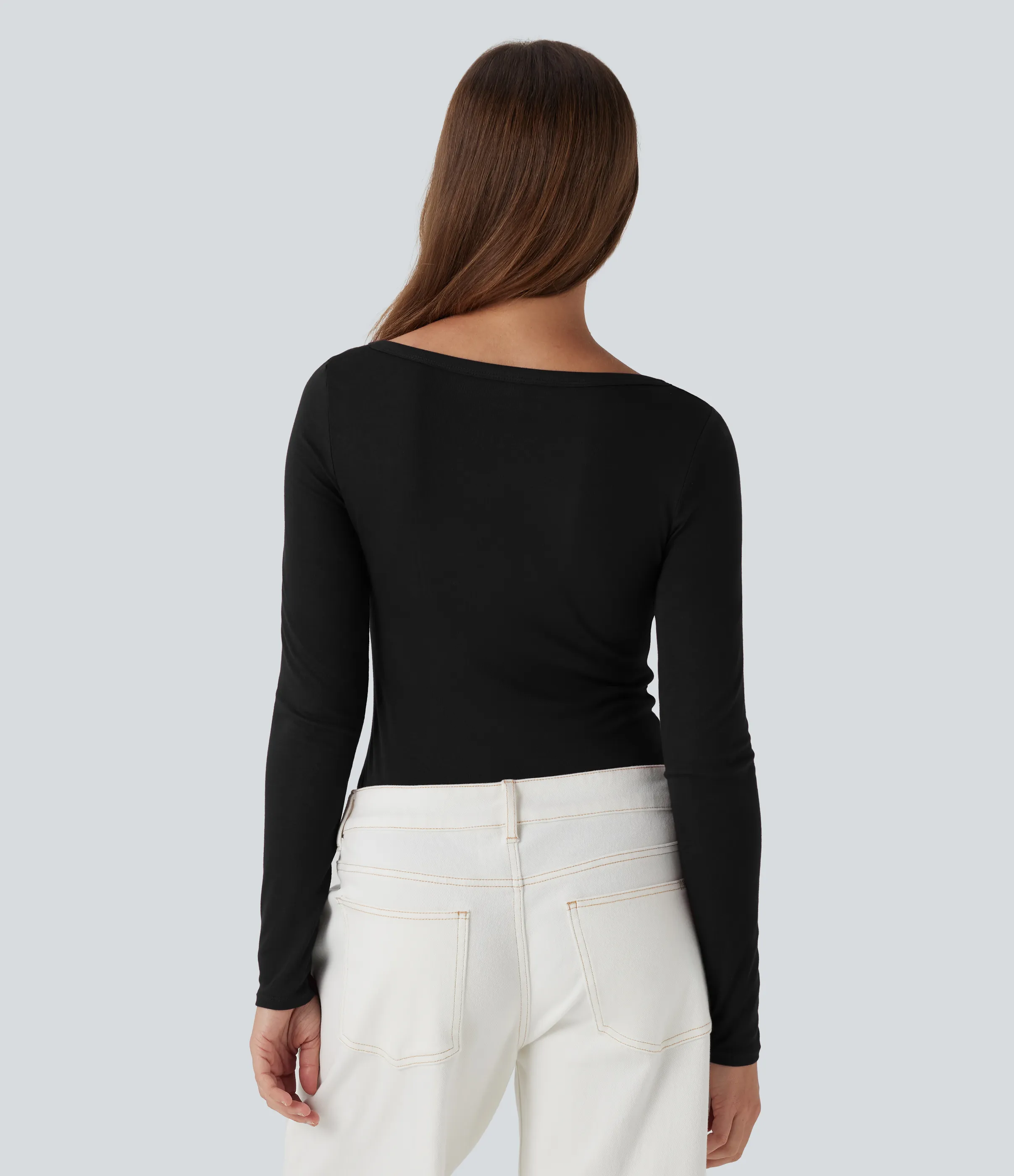 Halara Top casual de manga larga con cuello henley acanalado - Black - S sold by Halara product image thumbnail 3