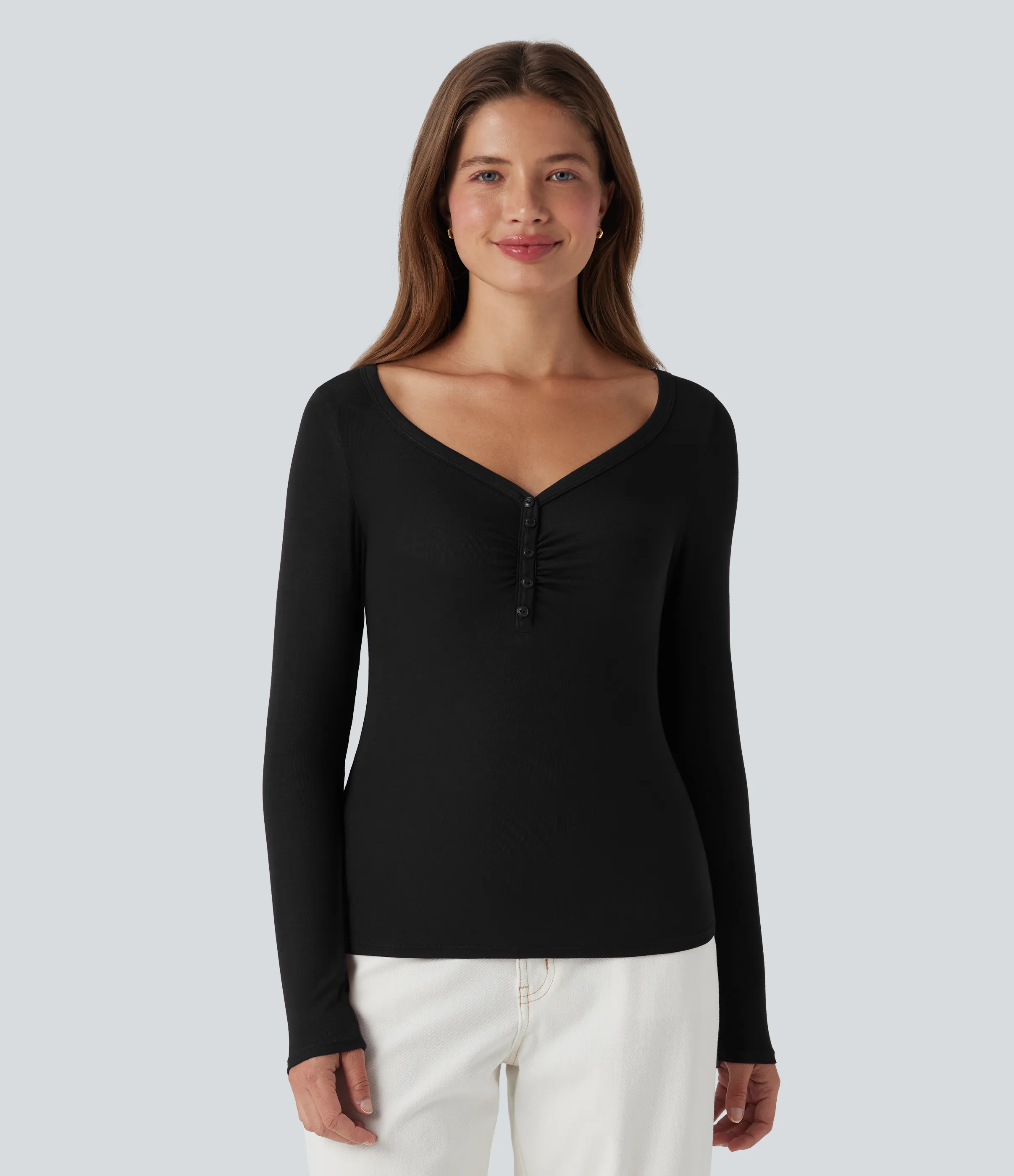 Halara Top casual de manga larga con cuello henley acanalado - Black - S sold by Halara product image thumbnail 5