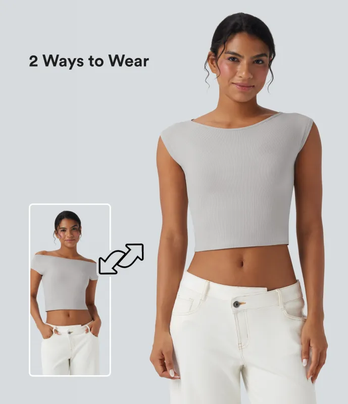 Halara Top casual corto de manga corta con cuello barco y punto acanalado - Glacier Gray - L sold by Halara