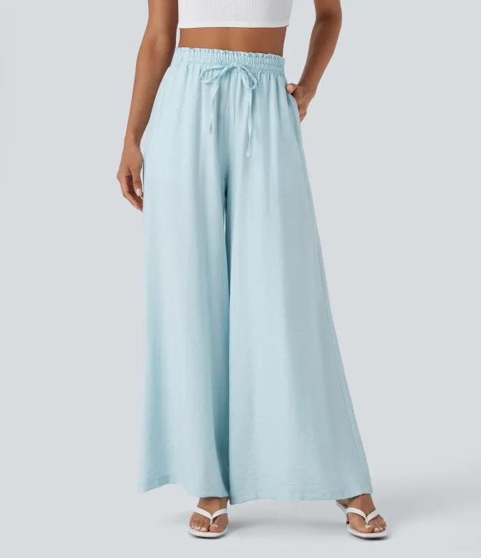 Halara Pantalón lino tiro alto bolsillo lateral cordón ajustable - Wan Blue - XS(regular) sold by Halara