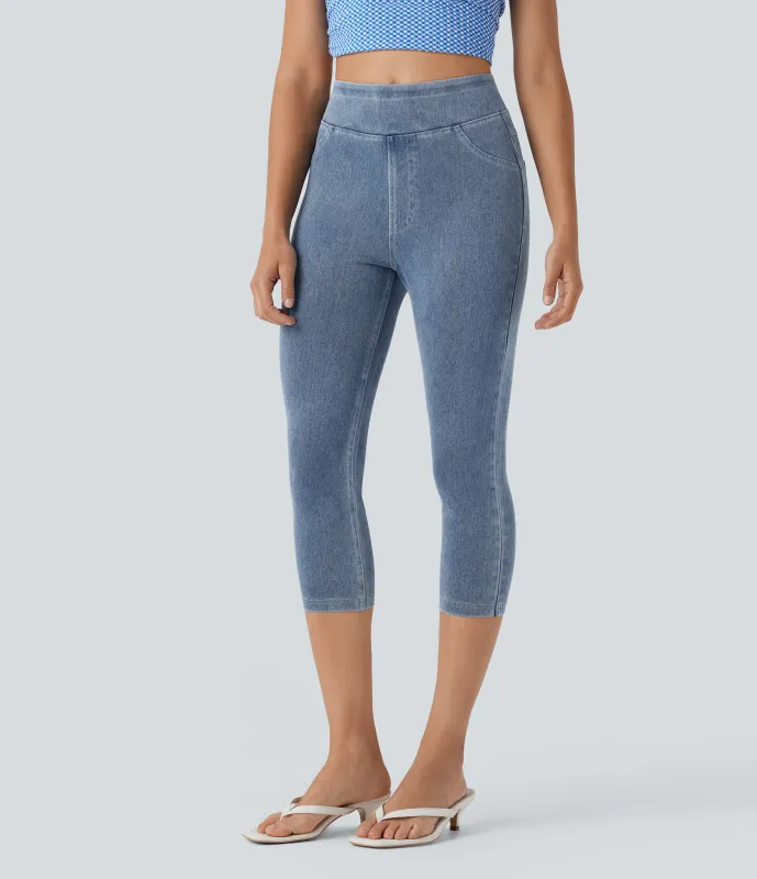 Halara Leggings Halara Flex™ Denim elásticos en longitud capri de tiro alto con bolsillos traseros - Ice Crevice Denim - L sold by Halara