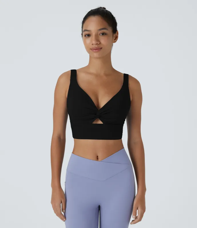 Halara Brasier deportivo de yoga SoftlyZero™ Airy de sujeción baja con abertura y tacto fresco-UPF51+ en copas D-F - Black - L sold by Halara