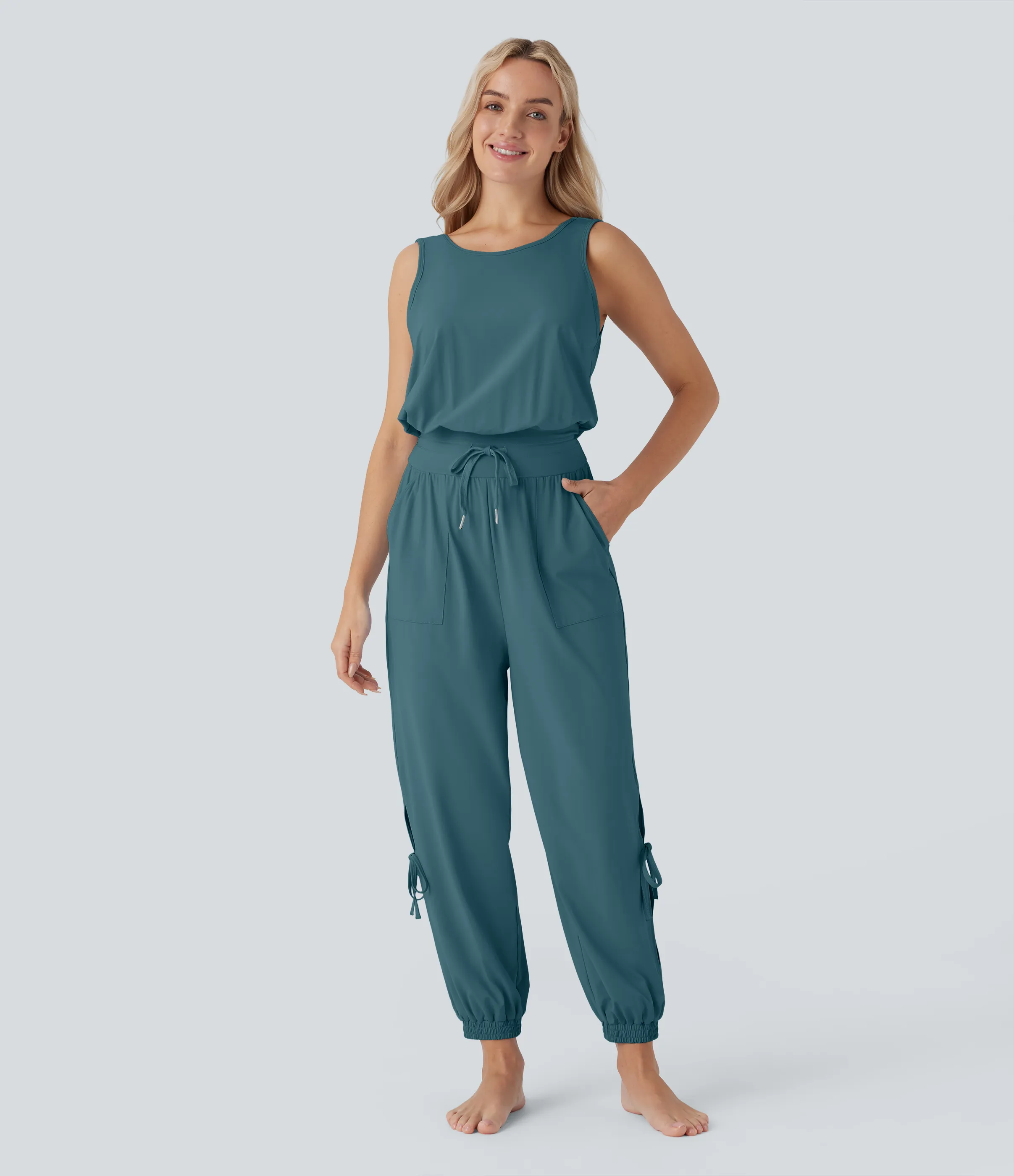 Halara Jumpsuit de yoga sin mangas con espalda descubierta, cordón ajustable y bolsillos laterales de tacto fresco - UPF50+ - Hydro - L(regular) sold by Halara product image thumbnail 3