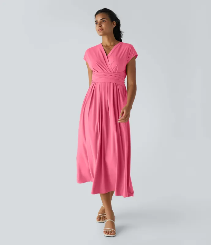 Halara Vestido midi Breezeful™ secado rápido cuello V manga corta bolsillo lateral lazo espalda - Pink Lemonade - S sold by Halara