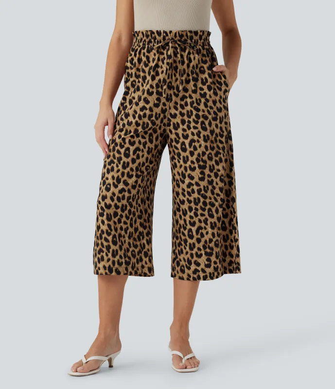 Halara Pantalones capri anchos casuales de tiro alto con cordón estampado de leopardo y bolsillos laterales - Classic Leopard - M(regular) sold by Halara