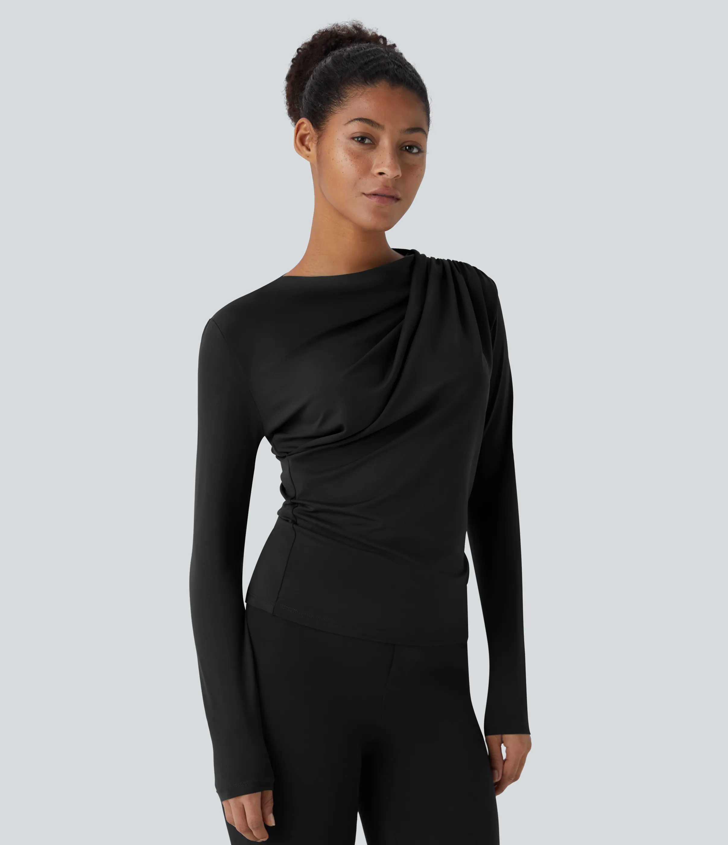 Halara Blusa oficina ajustada manga larga fruncida cuello vuelto - Black - M sold by Halara product image thumbnail 4