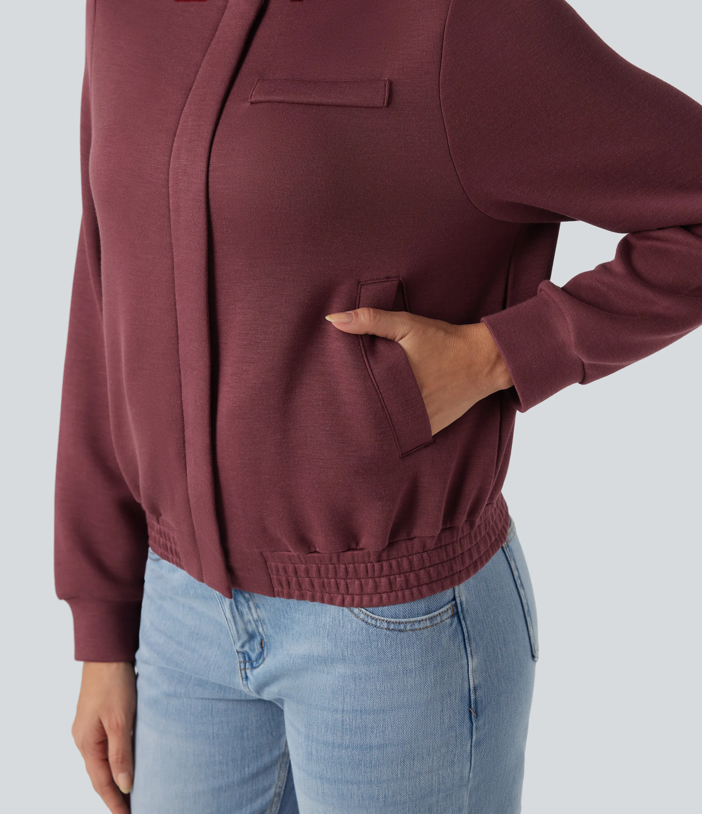 Halara Chamarra bomber casual de manga larga con cuello redondo y bolsillos - Oxblood Red - L sold by Halara product image thumbnail 5