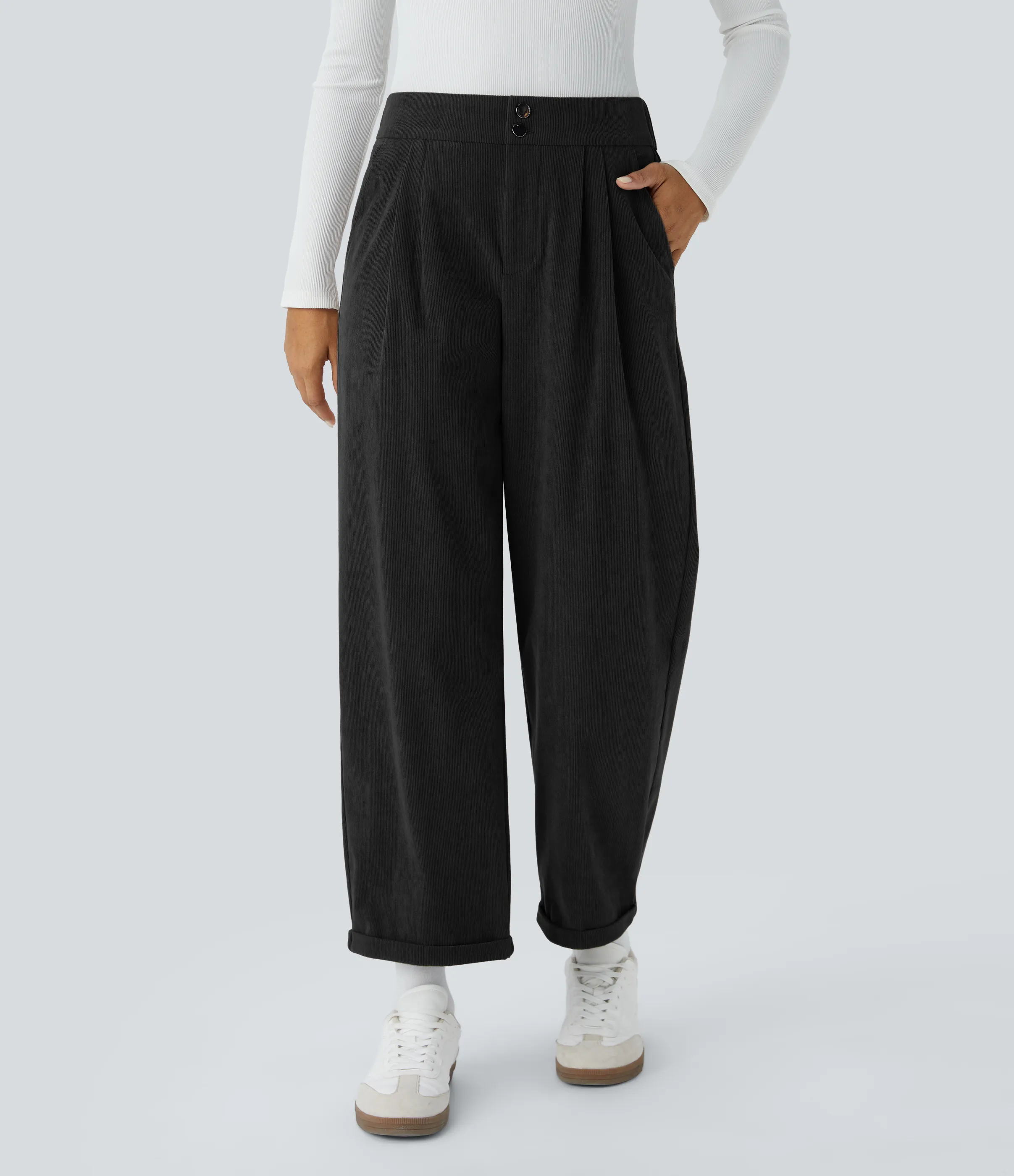 Halara Pantalón pana hasta tobillo múltiple bolsillo cierre botón tiro medio - Black - XS(regular) sold by Halara product image thumbnail 2