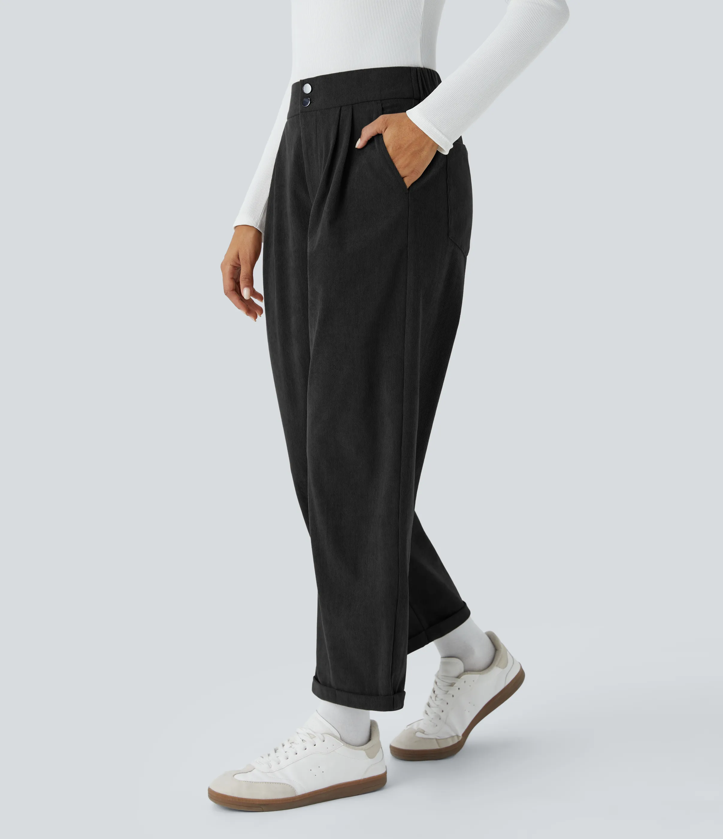 Halara Pantalón pana hasta tobillo múltiple bolsillo cierre botón tiro medio - Black - XS(regular) sold by Halara product image thumbnail 4