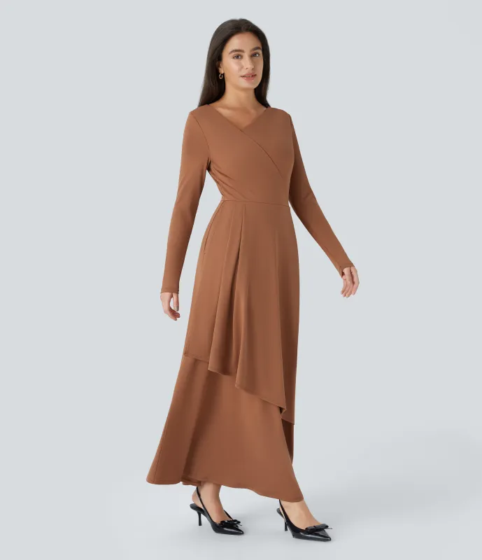 Halara Vestido largo asimétrico cuello V manga larga bolsillo lateral dobladillo capa dama honor invitada boda - Rust Red - M sold by Halara