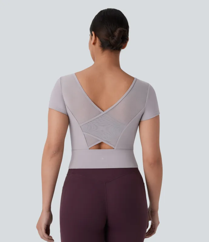 Halara Top Softlyzero™ Plush deportivo yoga cuello U manga corta sin espalda malla contrastante cruzada - Steel Gray - XL sold by Halara