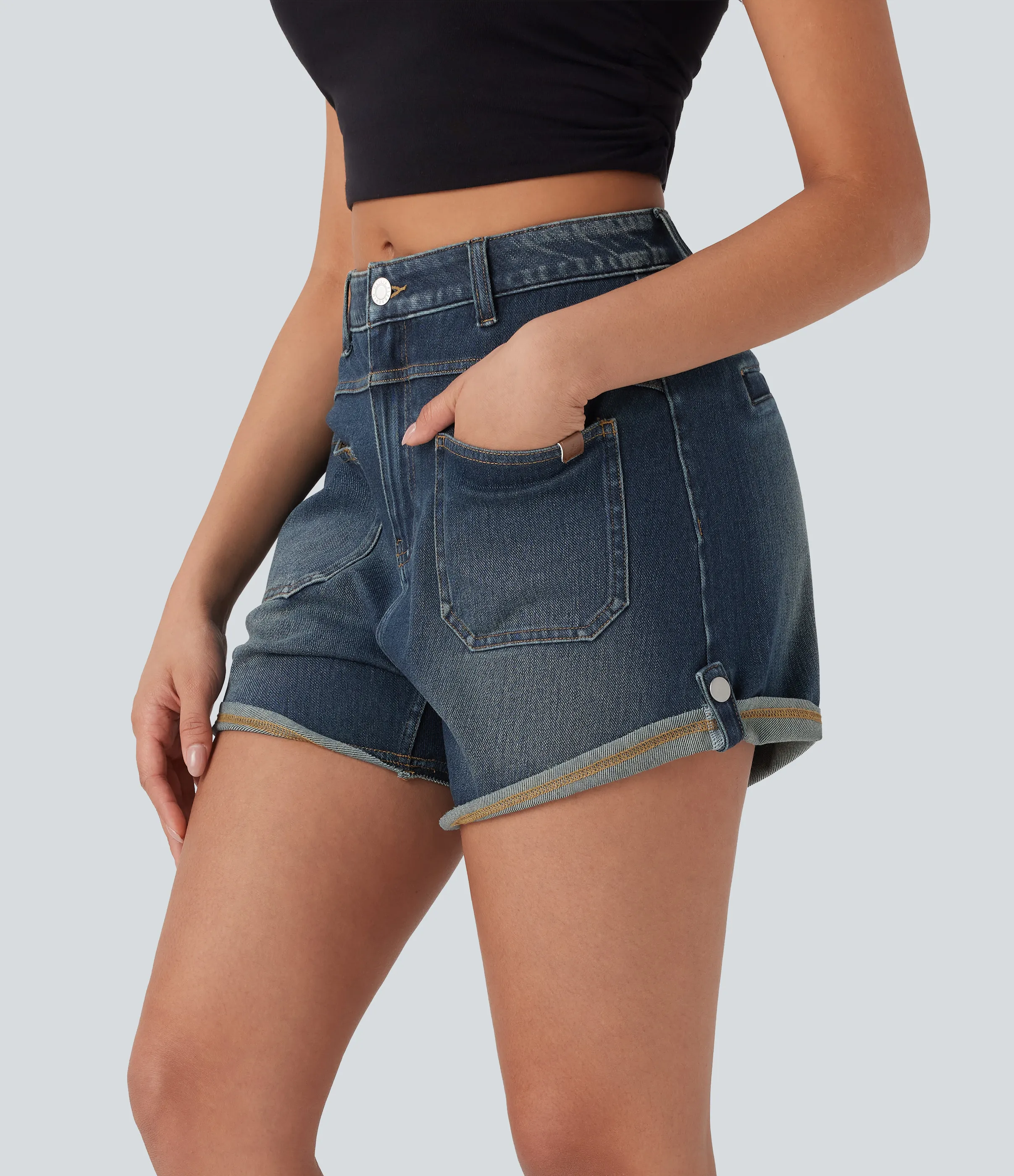 Halara Pantalón corto Halara Flex™ Denim mezclilla elástico lavado dobladillo enrollado bolsillo delantero tiro medio - Green Heron Denim - S(regular) sold by Halara