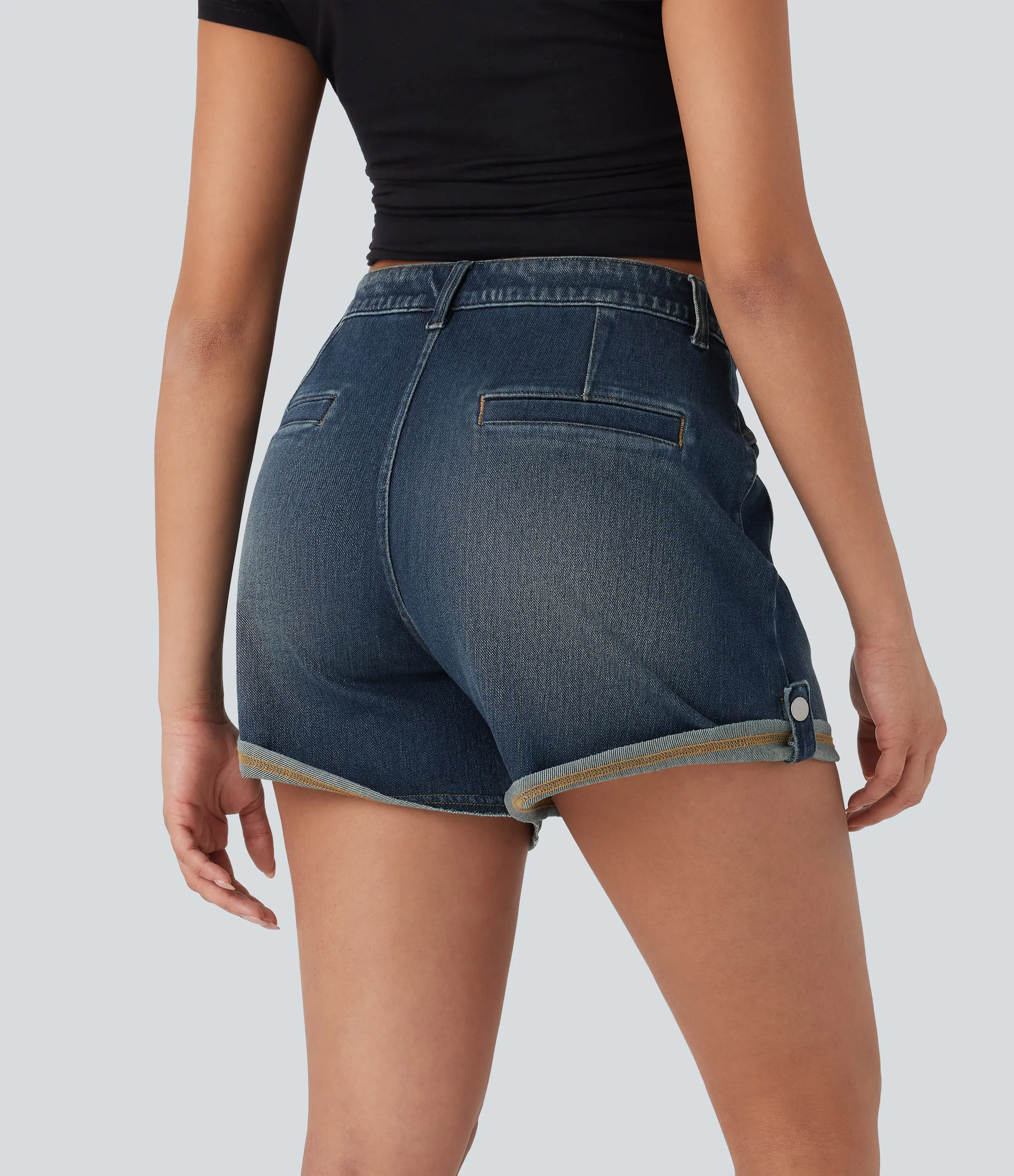 Halara Pantalón corto Halara Flex™ Denim mezclilla elástico lavado dobladillo enrollado bolsillo delantero tiro medio - Green Heron Denim - S(regular) sold by Halara product image thumbnail 3