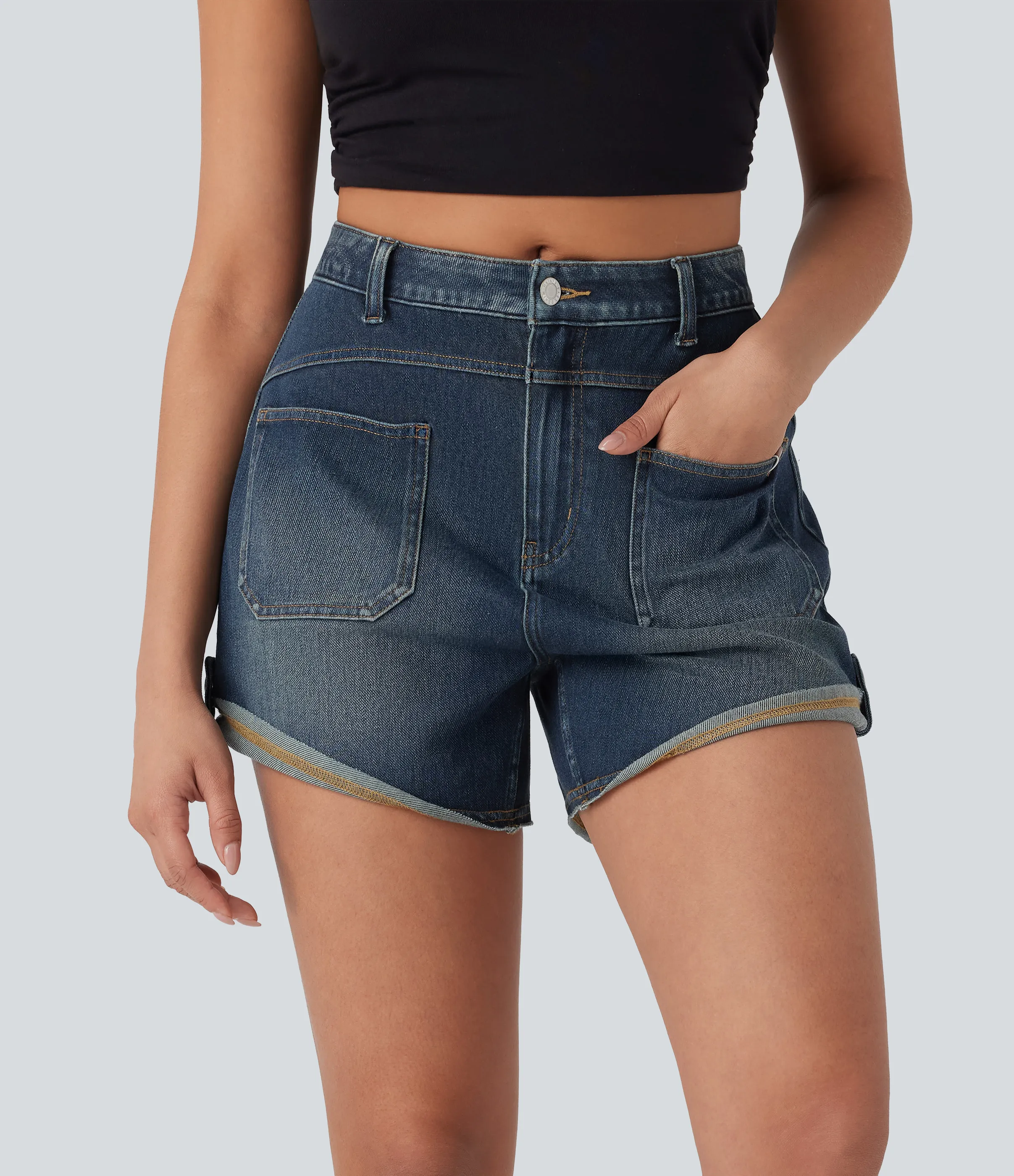 Halara Pantalón corto Halara Flex™ Denim mezclilla elástico lavado dobladillo enrollado bolsillo delantero tiro medio - Green Heron Denim - S(regular) sold by Halara product image thumbnail 4