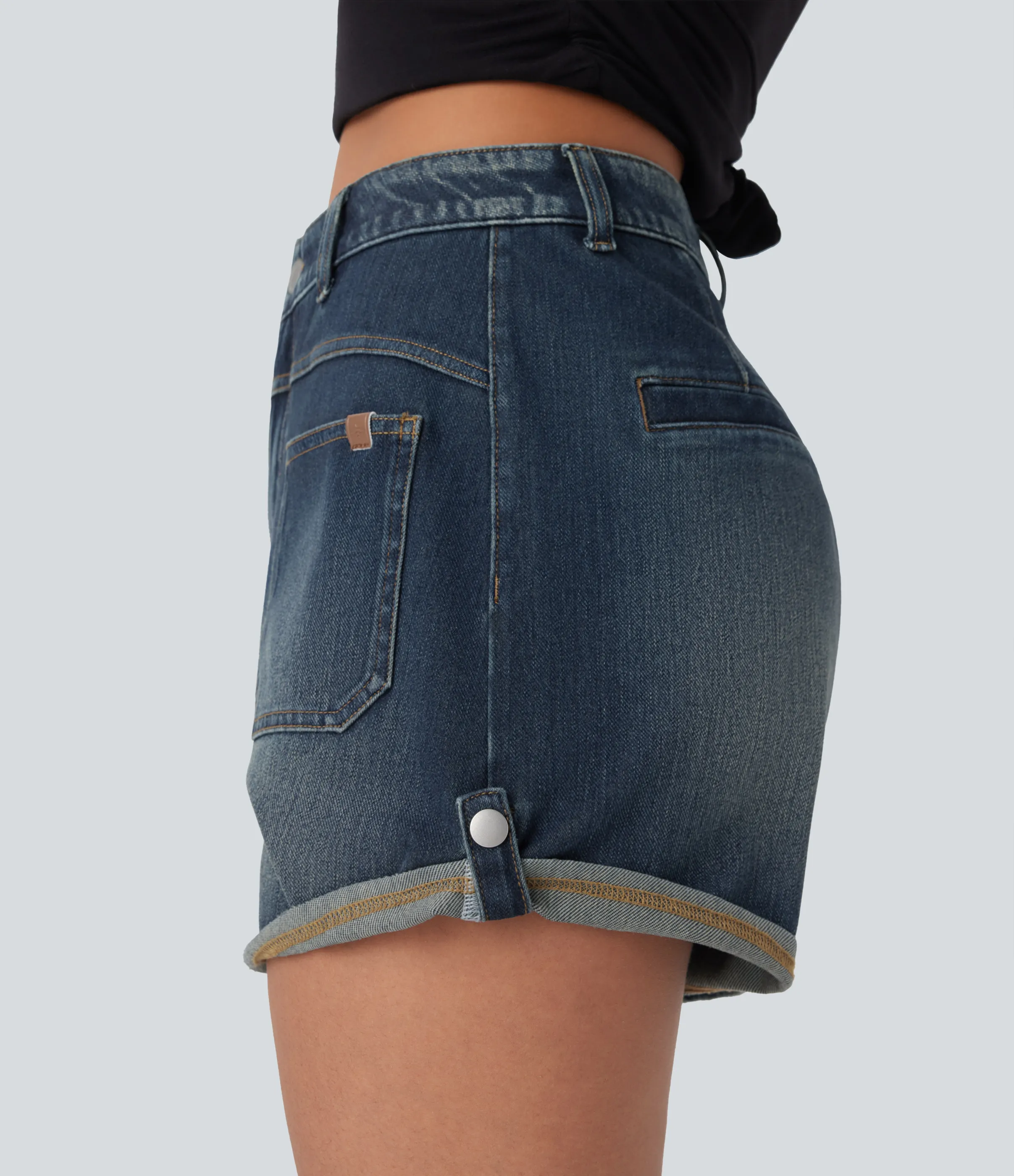 Halara Pantalón corto Halara Flex™ Denim mezclilla elástico lavado dobladillo enrollado bolsillo delantero tiro medio - Green Heron Denim - S(regular) sold by Halara product image thumbnail 5