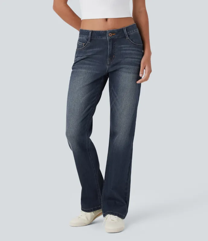 Halara Jeans Halara Flex™ Denim tiro bajo botón cremallera múltiple bolsillo elástico lavado - Forest Blue Denim - M(petite) sold by Halara