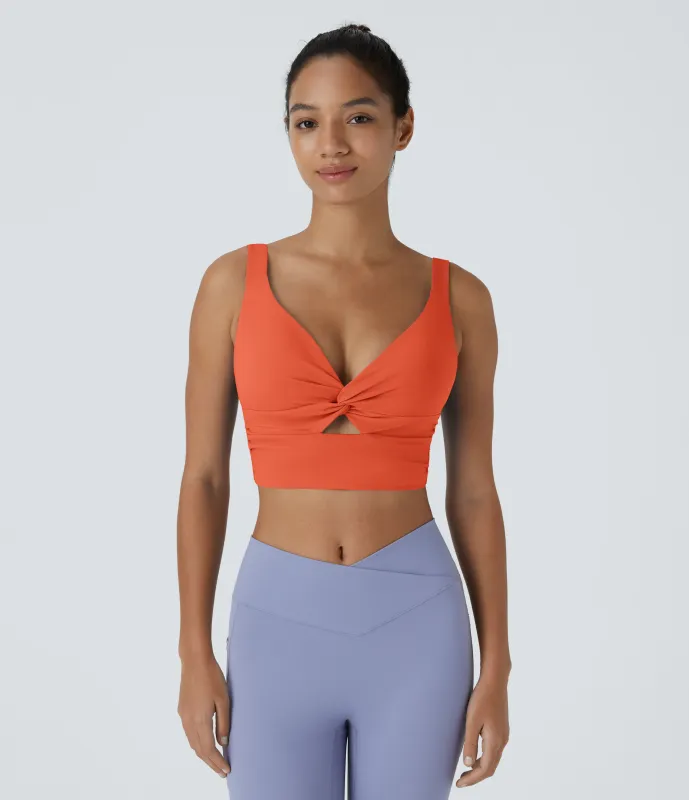 Halara Brasier deportivo de yoga SoftlyZero™ Airy de sujeción baja con abertura y tacto fresco-UPF51+ en copas D-F - Tigerlily - L sold by Halara