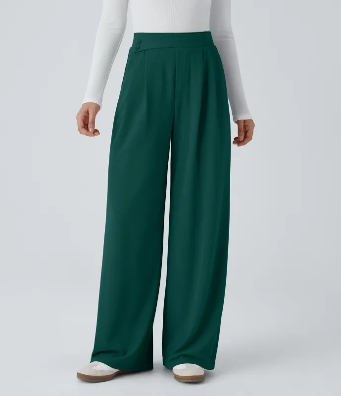 Halara Pantalón tiro alto botón bolsillo lateral plisado pierna ancha - Forest Biome - XL(regular) sold by Halara