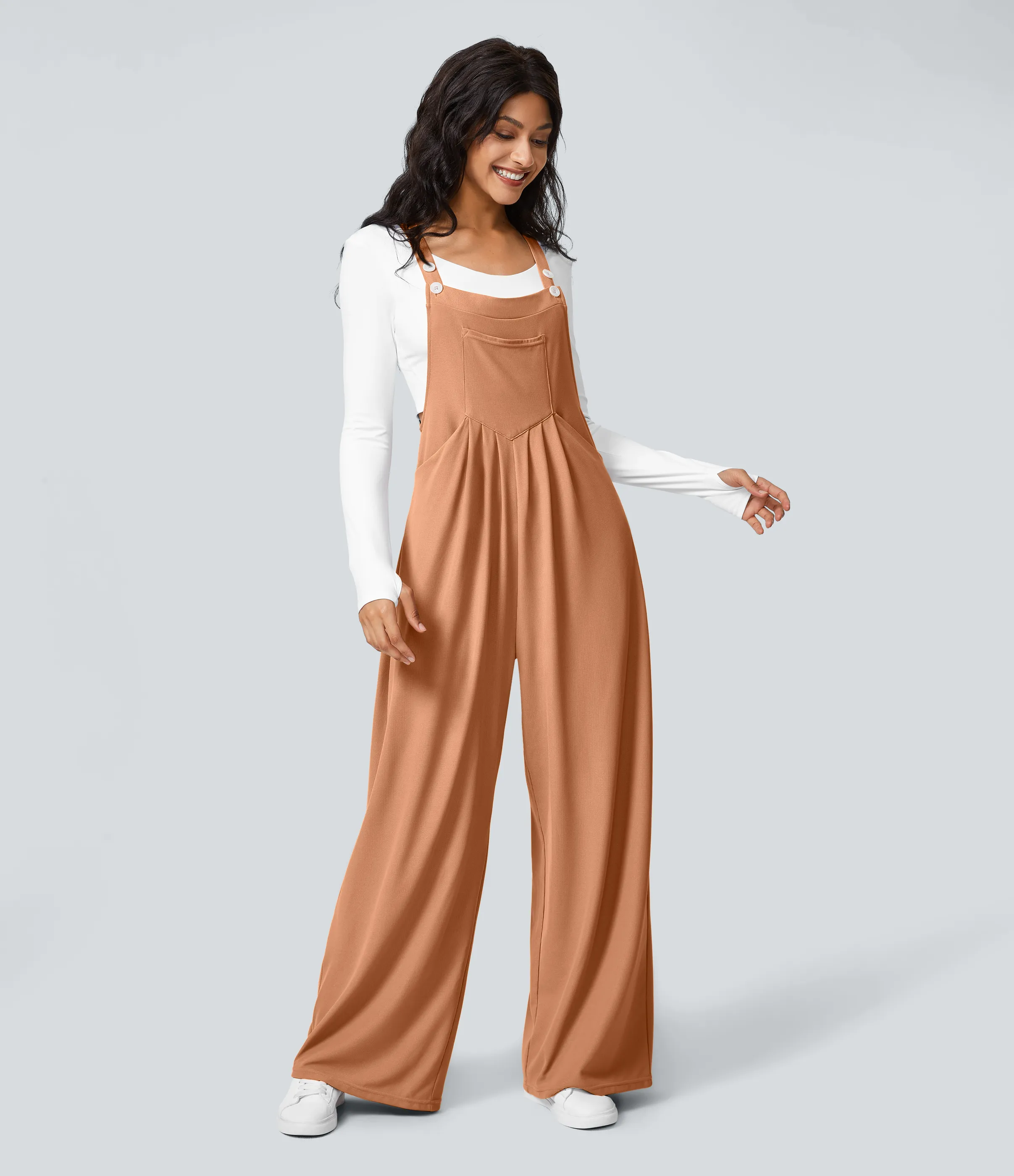 Halara Overol botón correa ajustable bolsillo múltiple gofre plisado - Saturated Orange - XS(regular) sold by Halara product image thumbnail 3