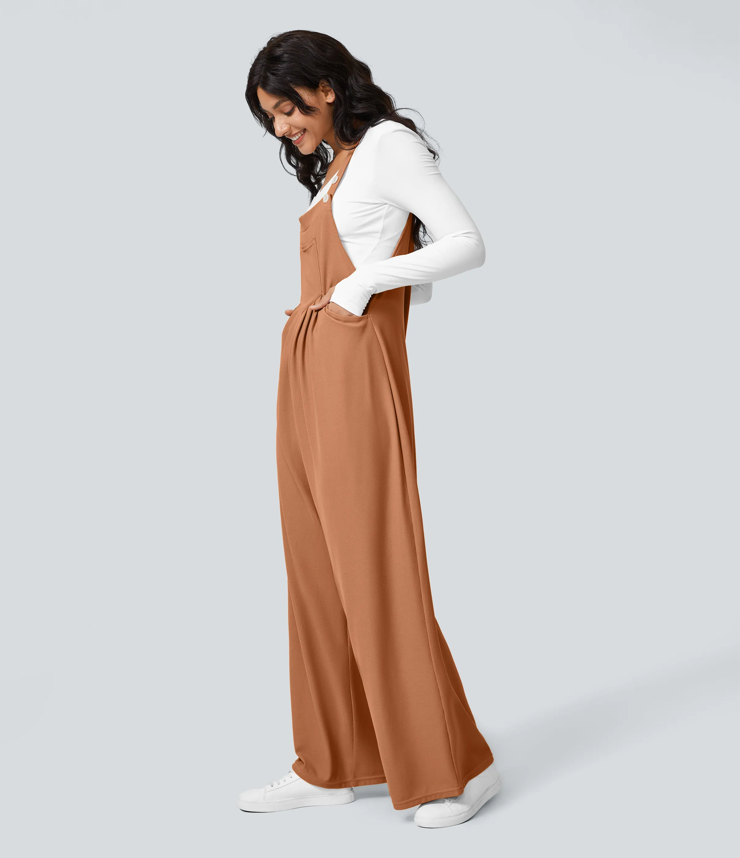 Halara Overol botón correa ajustable bolsillo múltiple gofre plisado - Saturated Orange - XS(regular) sold by Halara product image thumbnail 5