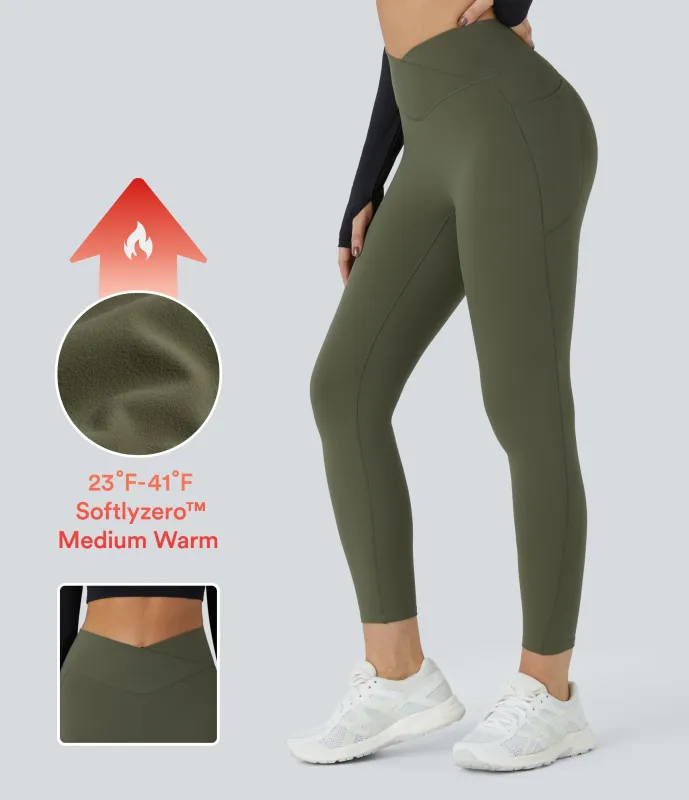 Halara Leggings de yoga Softlyzero™ con bolsillos laterales cruzados de tiro alto con felpa térmica  - Moss Green - M(7/8) made by Halara
