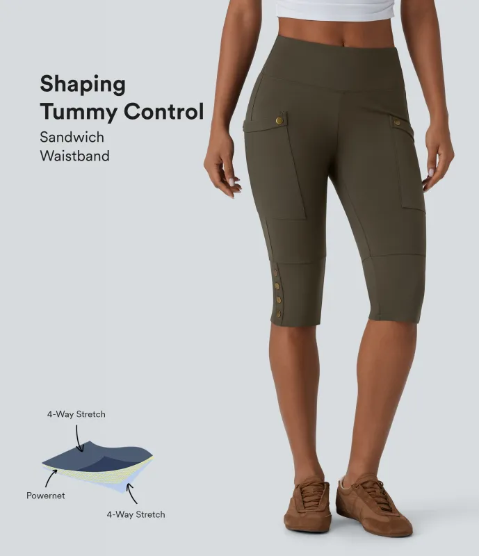 Halara Shorts casuales ajustados moldeadores de abdomen y tiro alto, con bolsillos y botones decorativos  - Forest Night - S sold by Halara