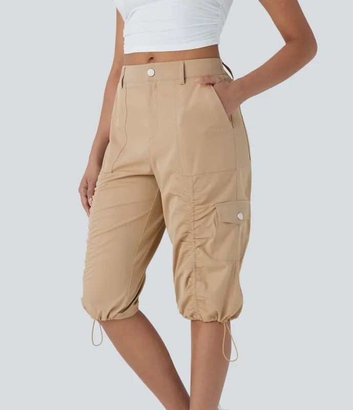 Halara Pantalones cargo casuales de tiro medio fruncidos con cordón ajustable de secado rápido y bolsillos - Lattè - XS(regular) sold by Halara