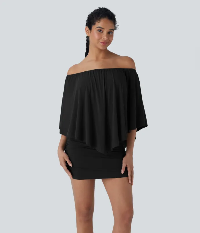 Halara Vestido mini casual ajustado con hombros descubiertos y dobladillo con volantes - Black - M sold by Halara