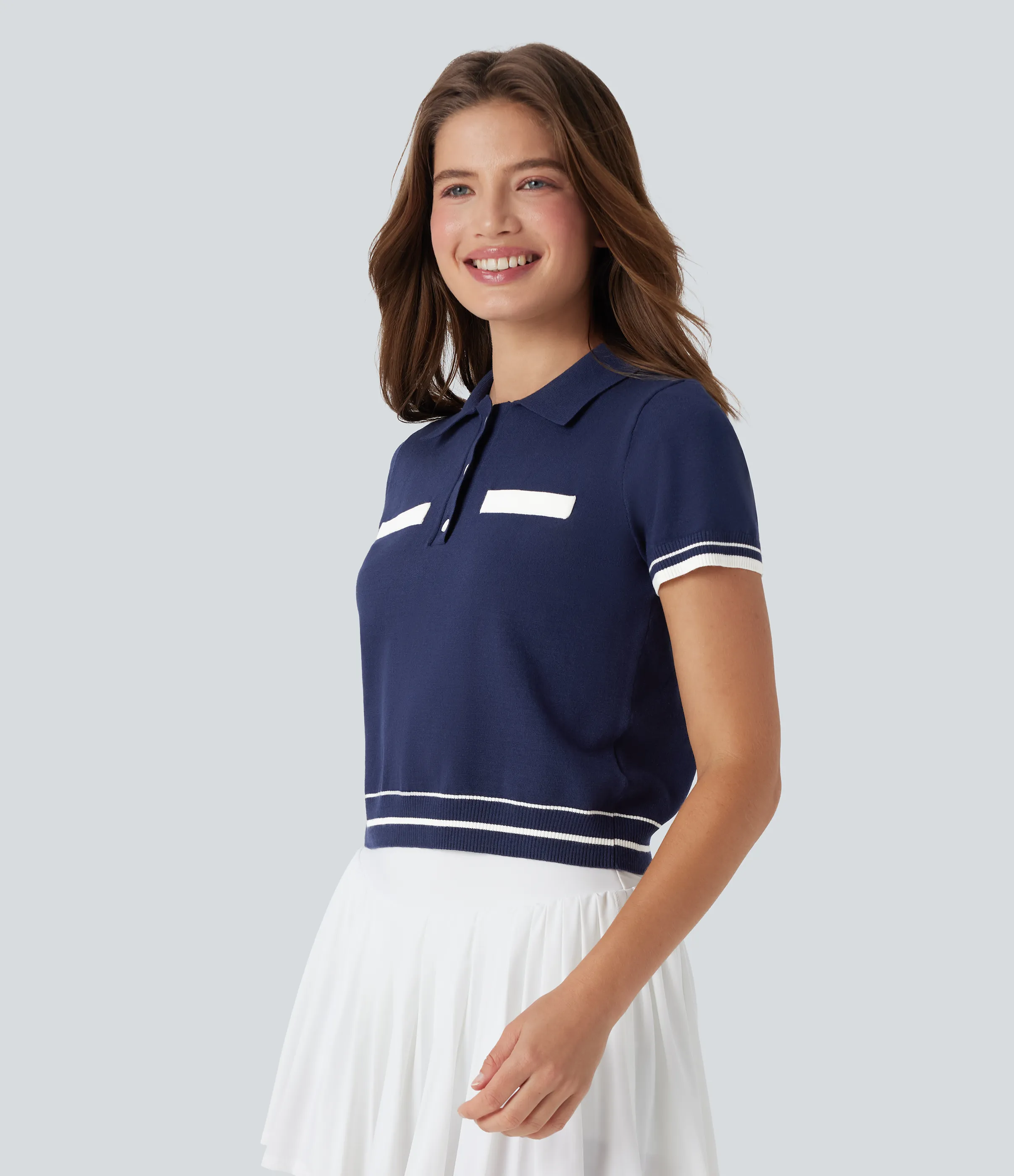 Halara Suéter casual de punto de manga corta con botones delanteros tipo polo - Medieval Blue - L sold by Halara product image thumbnail 4