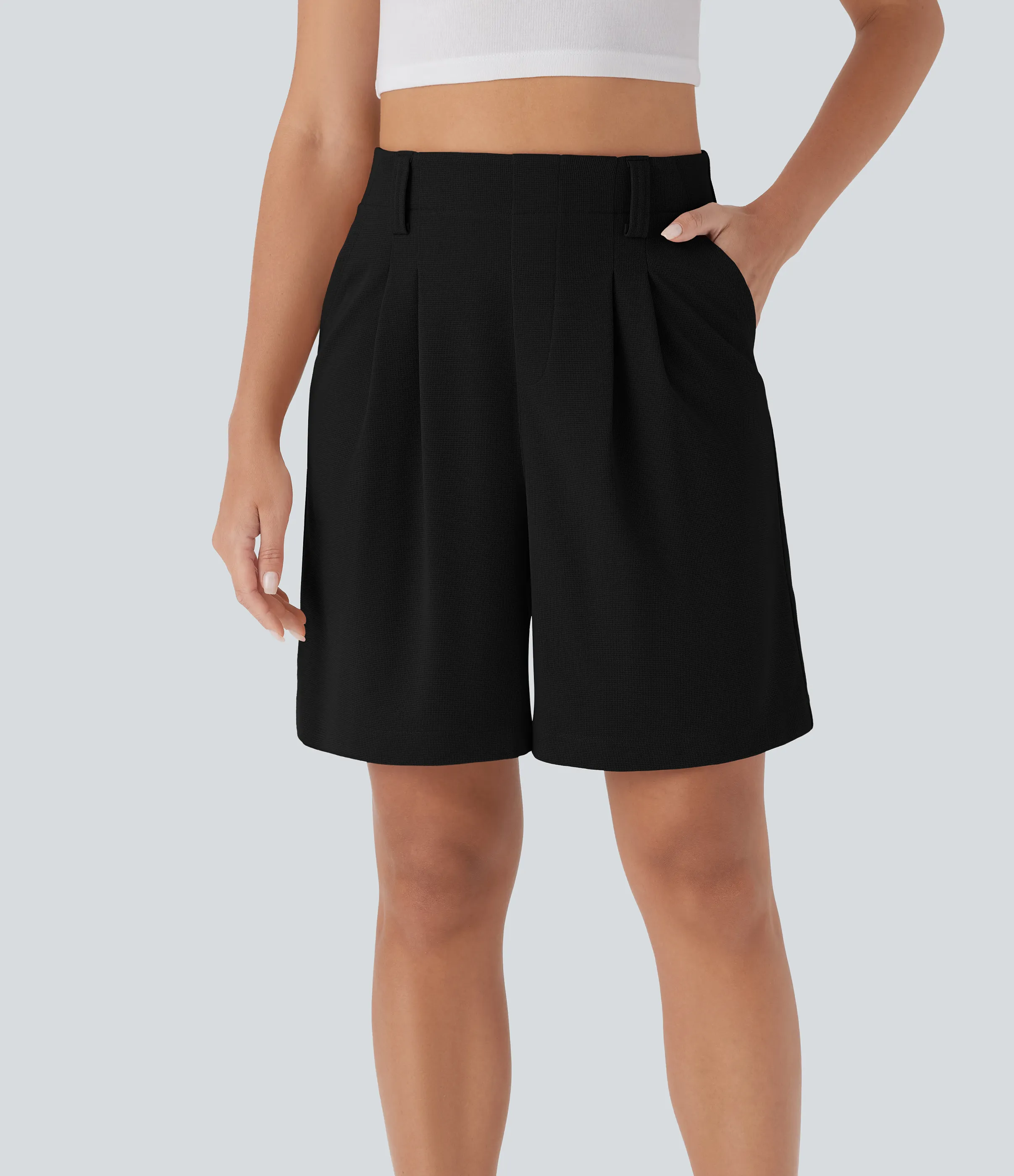 Halara Bermudas casuales en tela gofre de tiro alto con bolsillos laterales - Black - M sold by Halara product image thumbnail 2