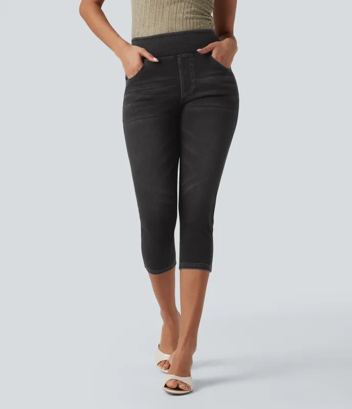 Halara Leggings capri Halara Flex™ Denim mezclilla elástica de tiro alto con bolsillos - Carbon Paint Denim - L(regular) sold by Halara