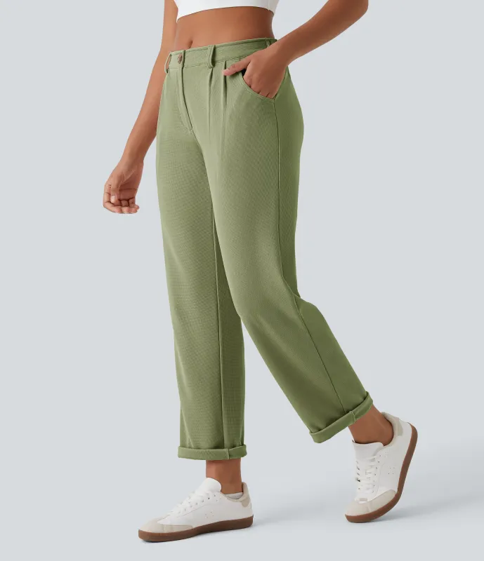Halara Pantalones gofre bolsillo lateral cremallera botón tiro medio - Loden Green - XS(regular) sold by Halara