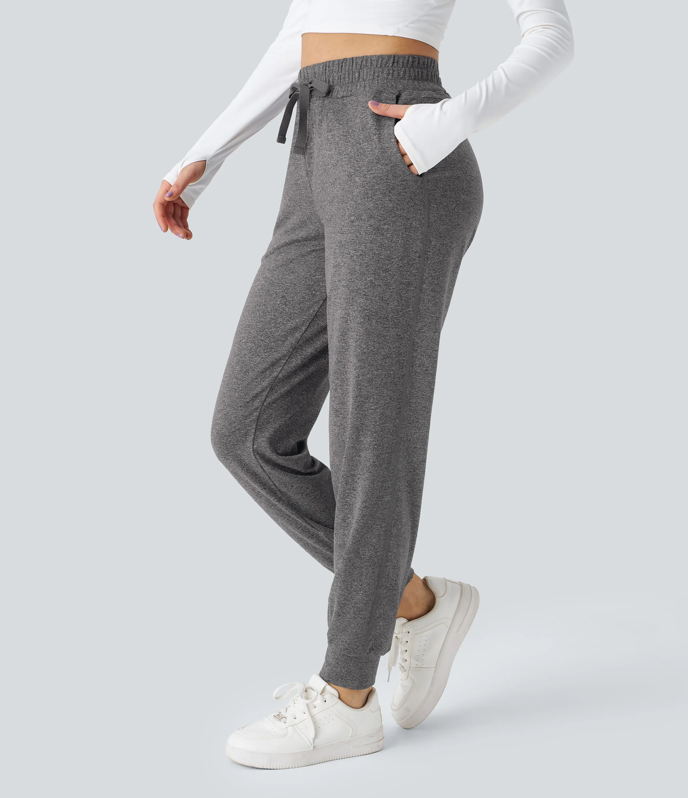 Halara Joggers yoga fruncido bolsillo lateral cordón tiro alto - Mottled Light Grey - S(petite) sold by Halara product image thumbnail 4
