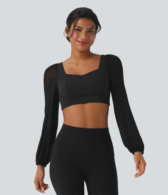 Halara Top deportivo corto de yoga SoftlyZero™ con malla en contraste y manga larga afelpada - Black - M sold by Halara