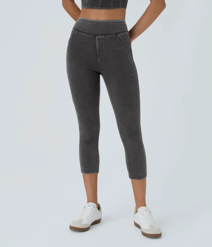 Halara Leggings Halara Flex™ Denim elásticos en longitud capri de tiro alto con bolsillos traseros - Hemp Rope Black Denim - S sold by Halara