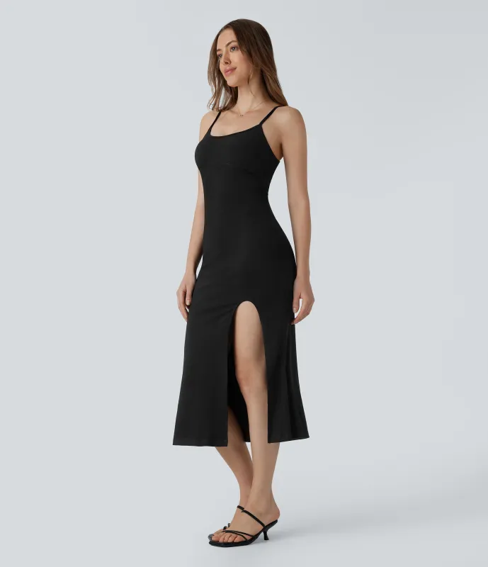 Halara Vestido midi camisero acanalado sin espalda cordón cruzado abertura media pierna - Black - XL sold by Halara