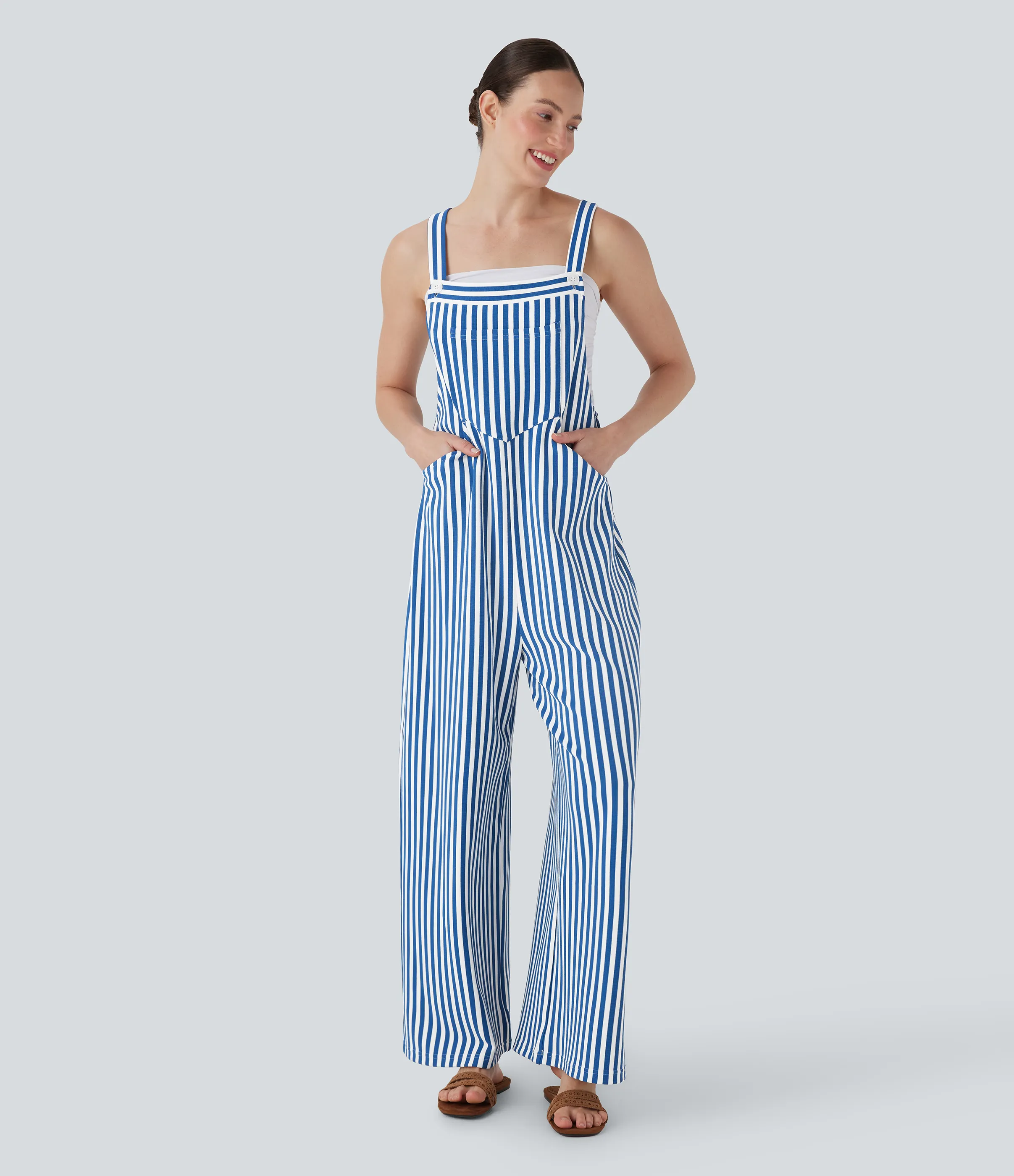 Halara Overol resort gofre raya múltiple bolsillo botón correa ajustable - Cerulean Stripes - XS(regular) sold by Halara product image thumbnail 2