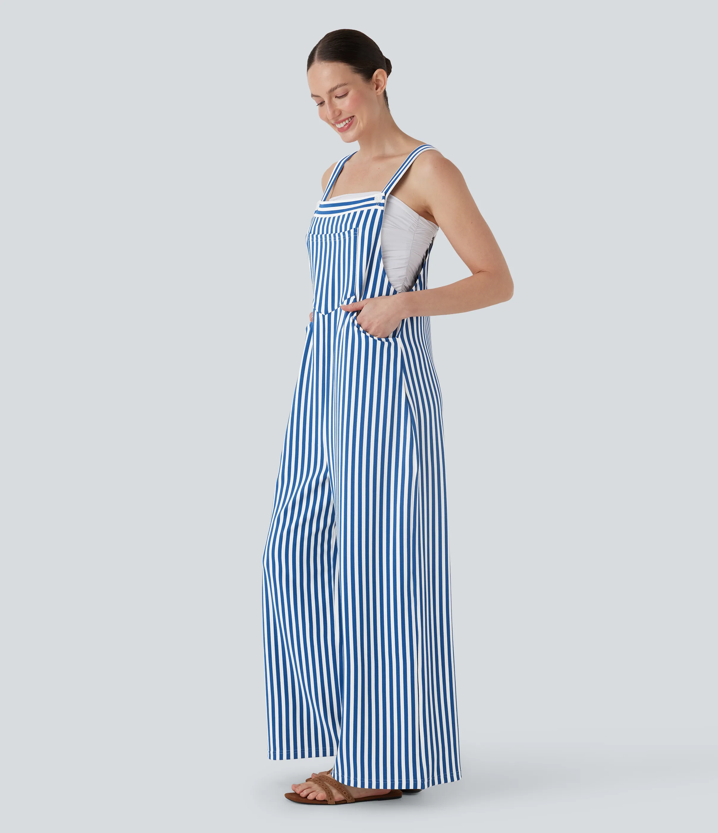 Halara Overol resort gofre raya múltiple bolsillo botón correa ajustable - Cerulean Stripes - XS(regular) sold by Halara product image thumbnail 4