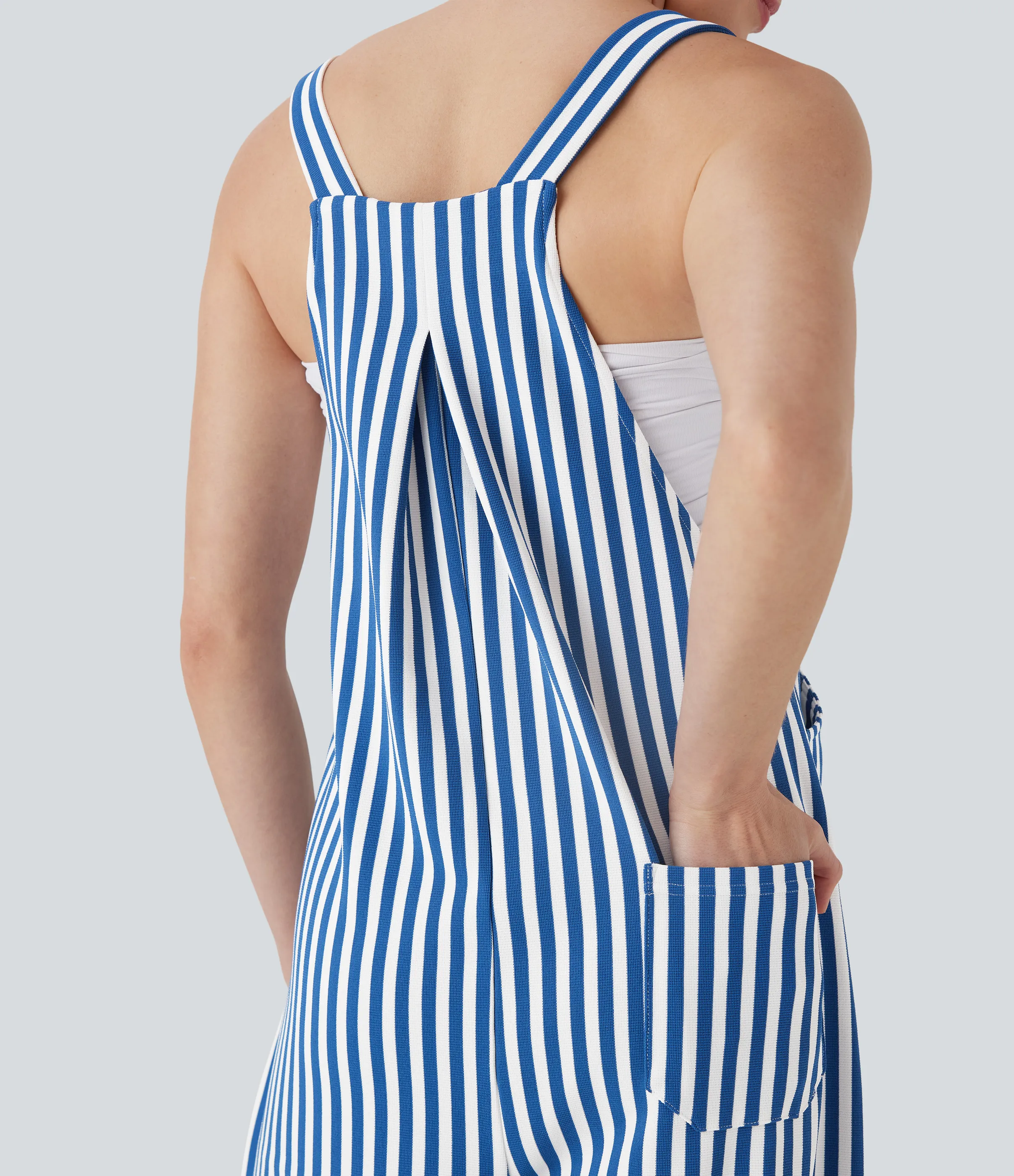 Halara Overol resort gofre raya múltiple bolsillo botón correa ajustable - Cerulean Stripes - XS(regular) sold by Halara product image thumbnail 5
