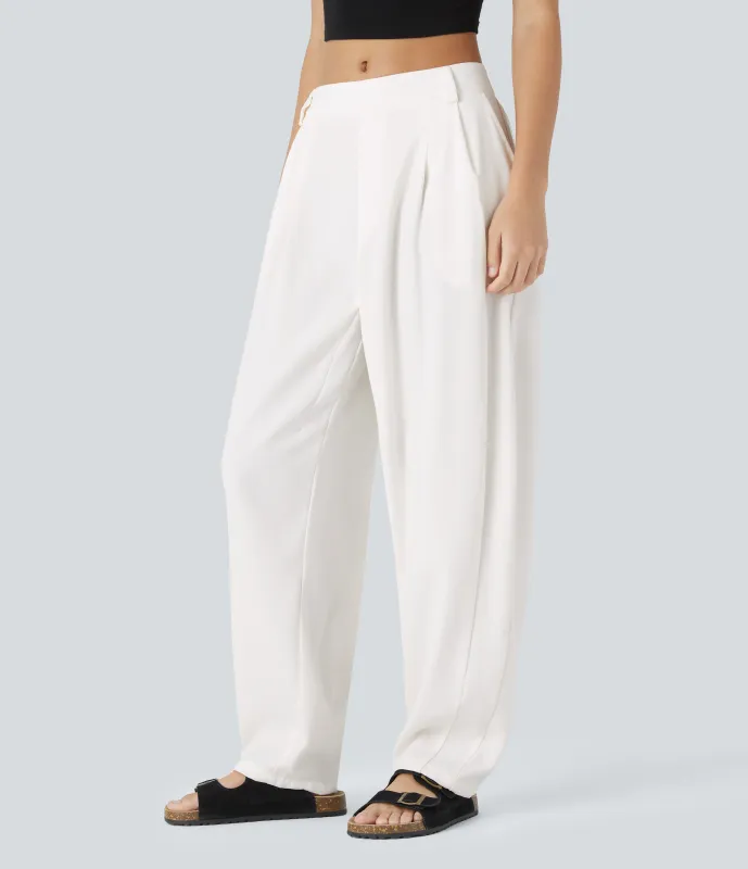 Halara Pantalón oficina pierna barril bolsillo lateral plisado tiro medio - White - L(petite) sold by Halara