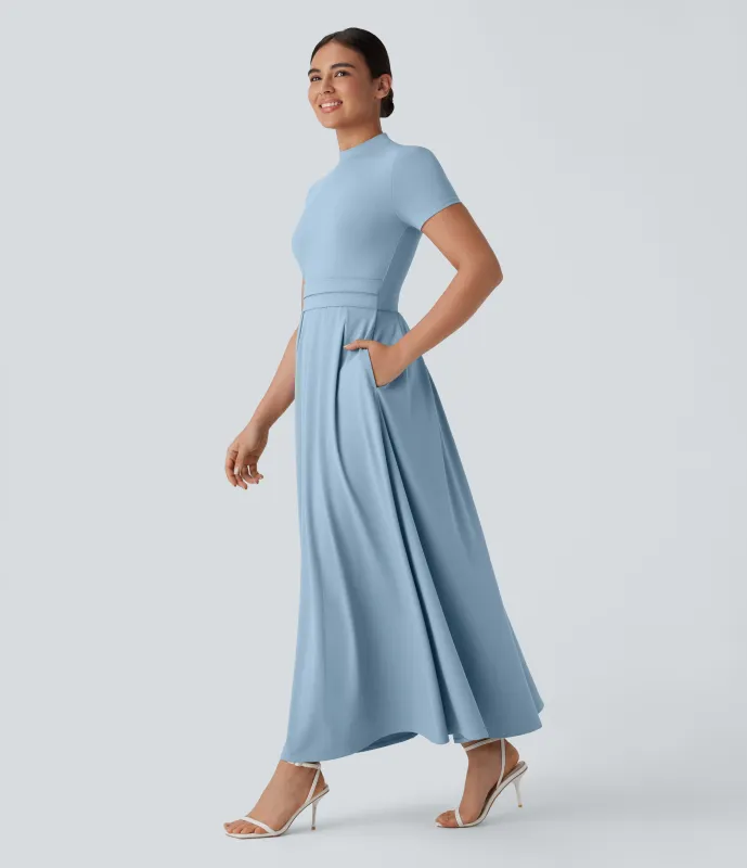 Halara Vestido largo acampanado bolsillo lateral manga corta cuello alto - Angel Falls - L sold by Halara